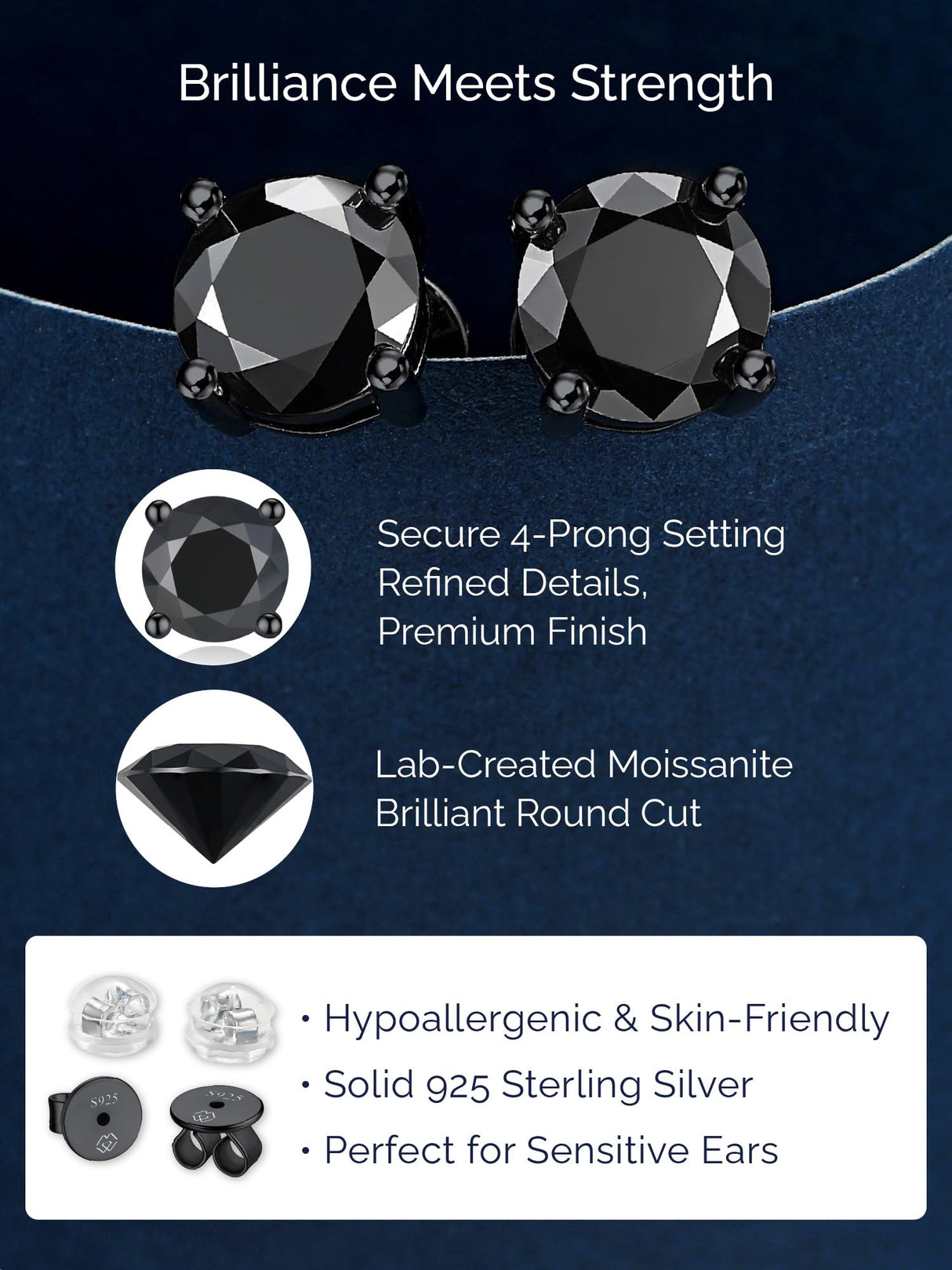 MomentWish Black Stud Earrings for Men 1Carat D Color VVS1 Moissanite Earrings for Men Black Diamond Earring 925 Sterling Silver Mens Jewelry