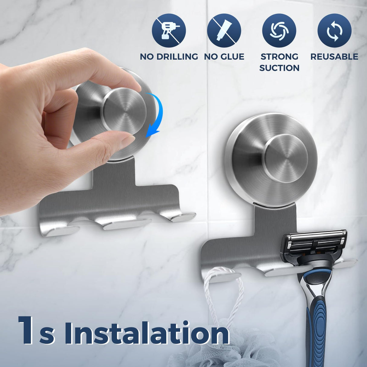 WingWider Suction Cup Razor Holder for Shower,Heavy-Duty 7KG Suction Hooks for Razor,Towel,Loofah,Removable Damage-Free Metal Shower Hook,Shaver Holder,2 Pack(Brushed Silver)