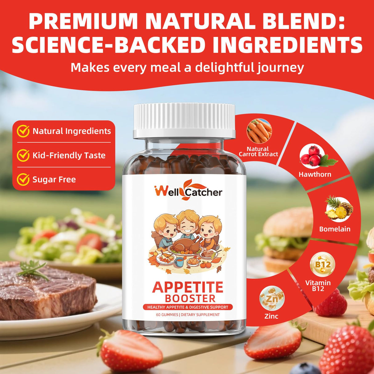 Appetite Booster Gummies for Kids Adults: Appetite Support Supplement with Bromelain Hawthorn Zinc Vitamin B12 for Healthy Digestive & Nutritional Balance, Sugar Free Mixed Fruit Flavor Vegan 30 Days