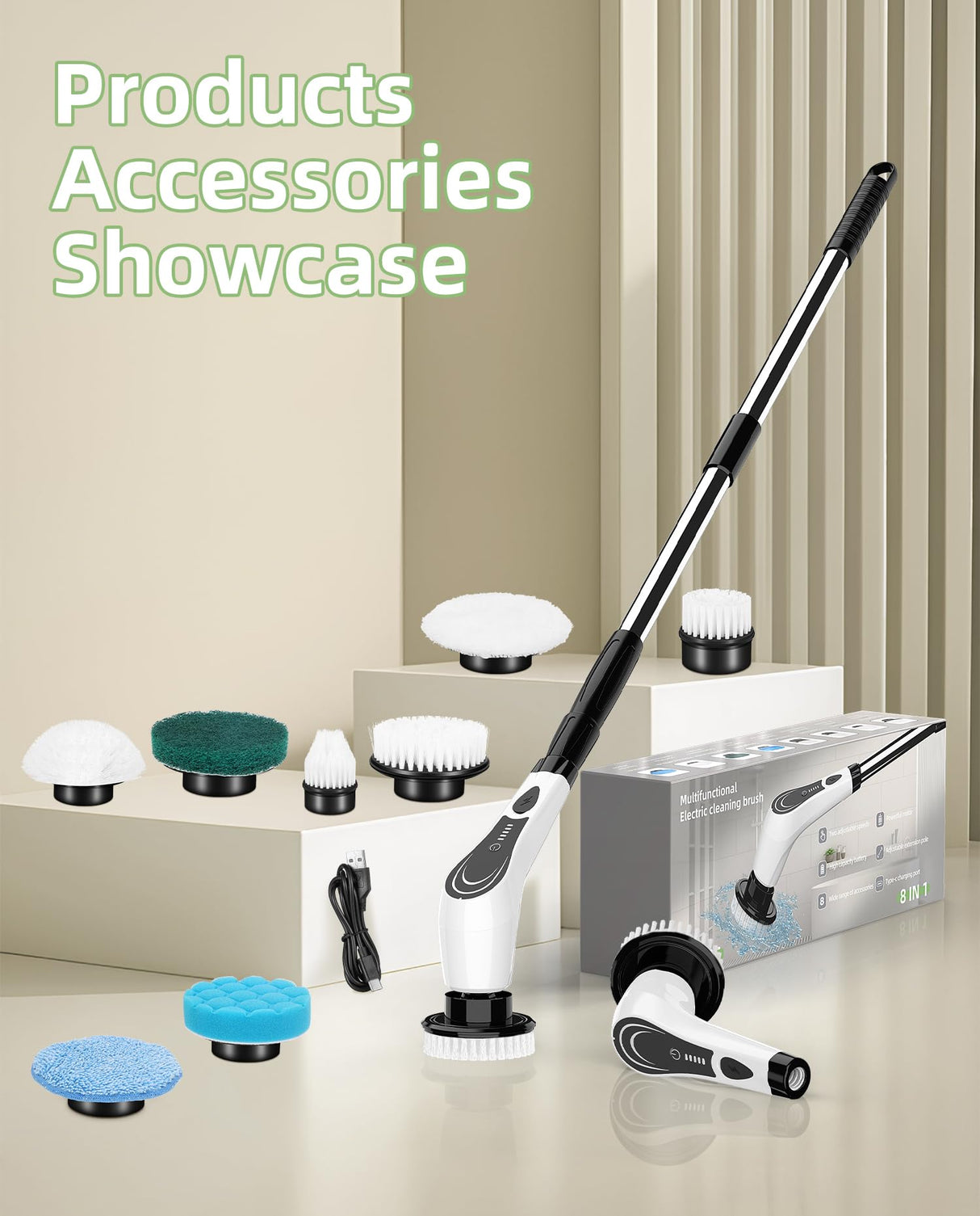 Lichffy Electric Spin Scrubber, Cordless Power Scrubber with 7 Replaceable Brush Heads, 2-Speed Adjustable Handle, IPX7 Waterproof Shower Scrubber for Bathroom, Tile, Tub, White-rx2
