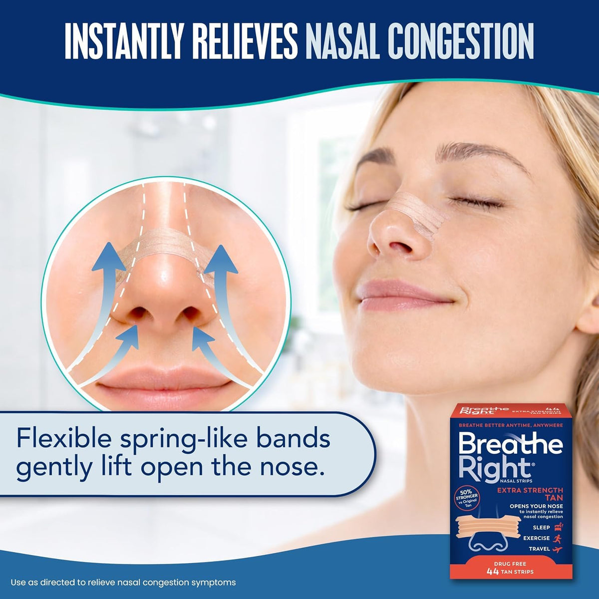 Breathe Right Nasal Strips, Extra Strength, Nasal Congestion, Tan, 44ct