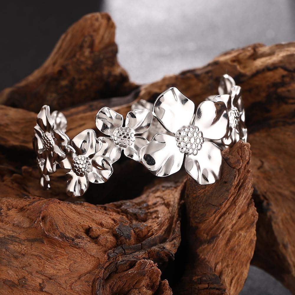 YWMAN Silver Flower Cuff Bracelet, Metallic Floral Chunky Bracelet for Women (Flower 1)