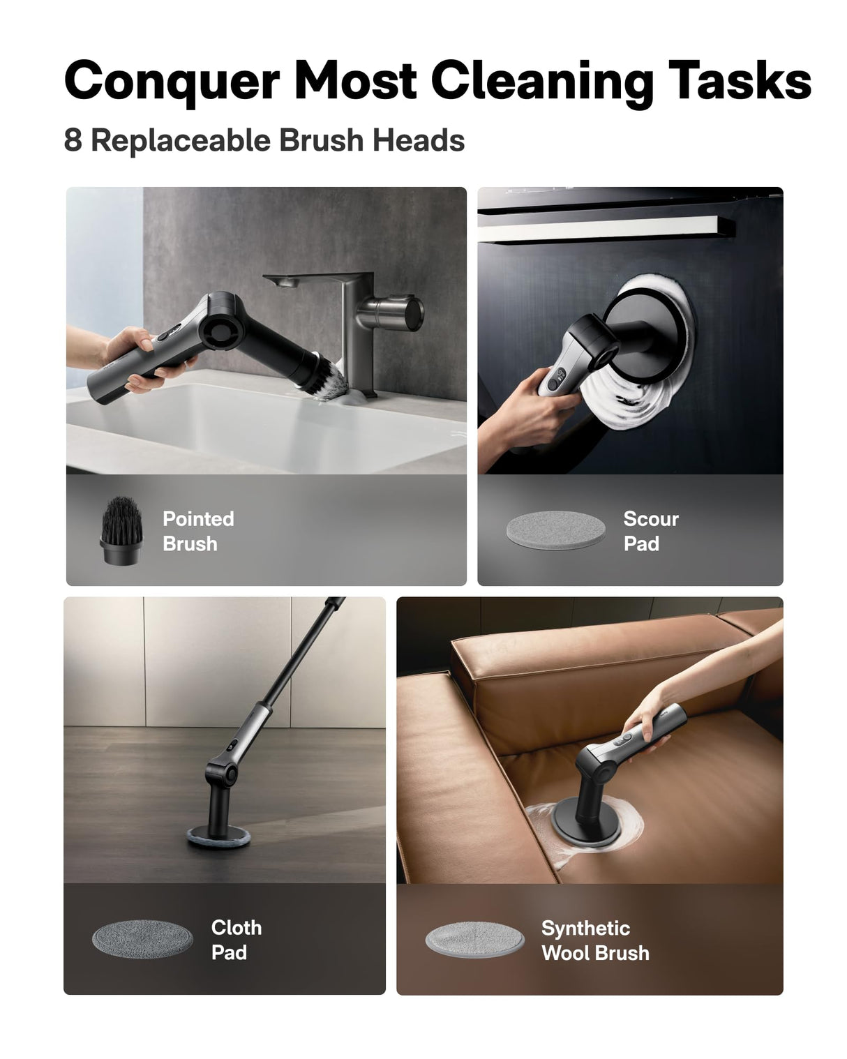 HOTO Flexi™ Cordless Electric Spin Scrubber, Adjustable Angle, Extendable Handle, Smart Display, IPX7 Waterproof, Powerful Cleaning Scrubber with 8 Replaceable Brush Heads, for Bathtub, Bathroom, Tile