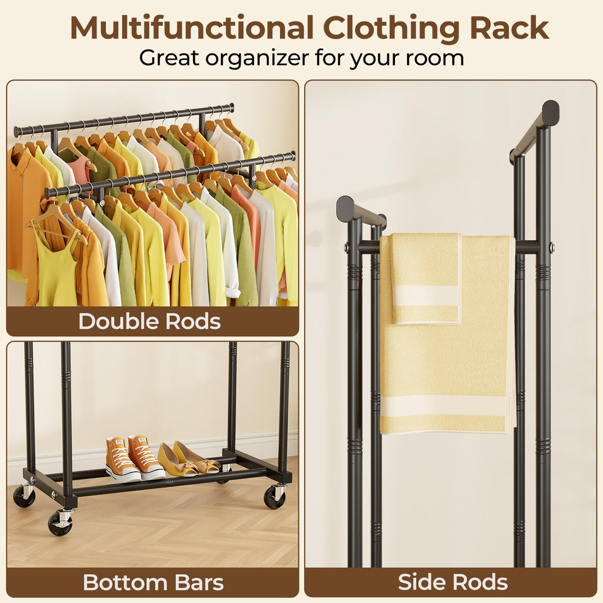 HYSEYY Double Rods Clothes Rack, Rolling Clothing Rack for Hanging Clothes Portable Wardrobe, Metal Garment Rack Sturdy Coat Rack for Bedroom Laundry Living Room, Black