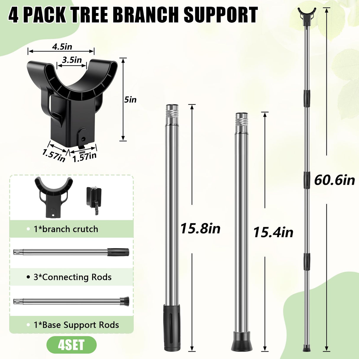 4 Set Adjustable Tree Branch Support, 18"-60" Tree Support Pole with Crutch