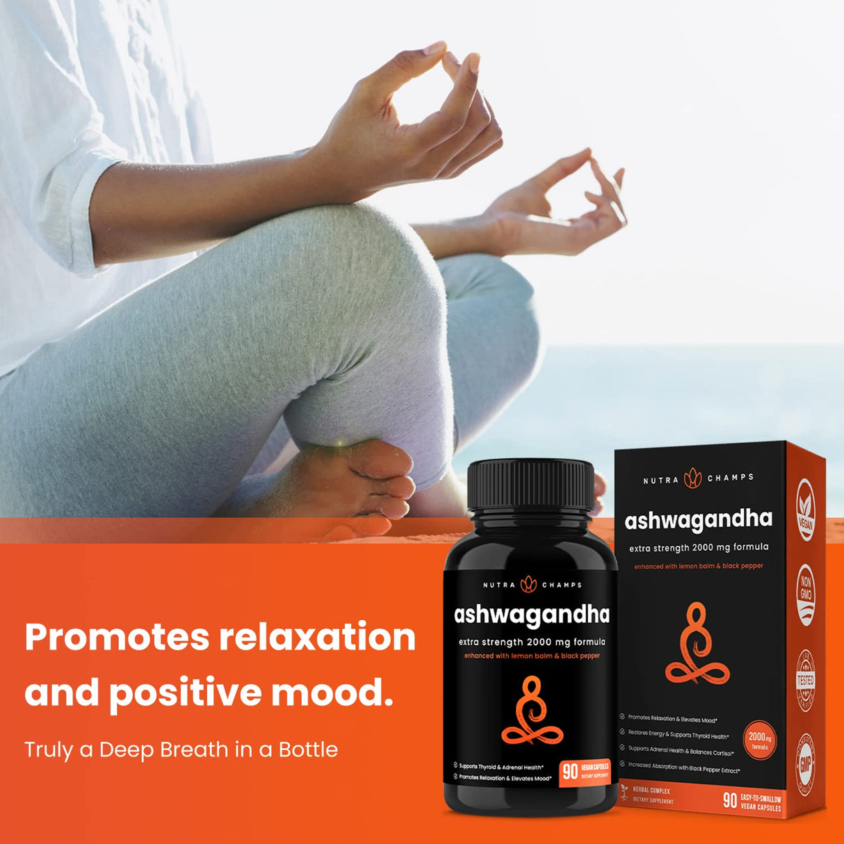 NutraChamps Organic Ashwagandha Capsules, 2000mg Adrenal Fatigue, Thyroid & Mood Support Ashwagandha Supplements, Ashwagandha Root Powder & Lemon Balm, Superior Absorption with Black Pepper