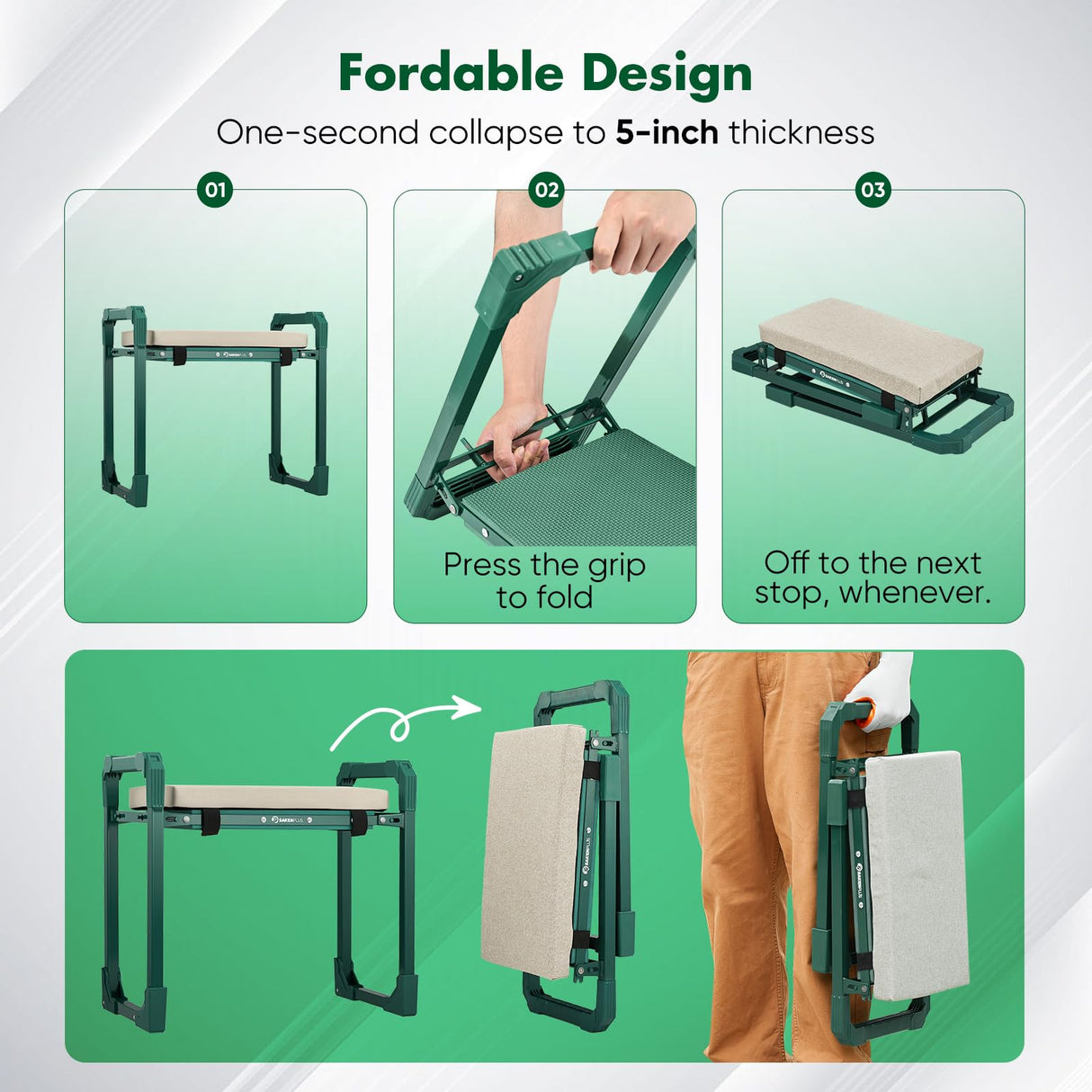 SakerPlus Garden Kneeler and Seat,Heavy Duty Foldable Garden Stool with 10-Inch Thickened Pad, Extendable Legs, Tool Bag and Storage Bag,Gardening Gift Choice for Women Mom Men Seniors