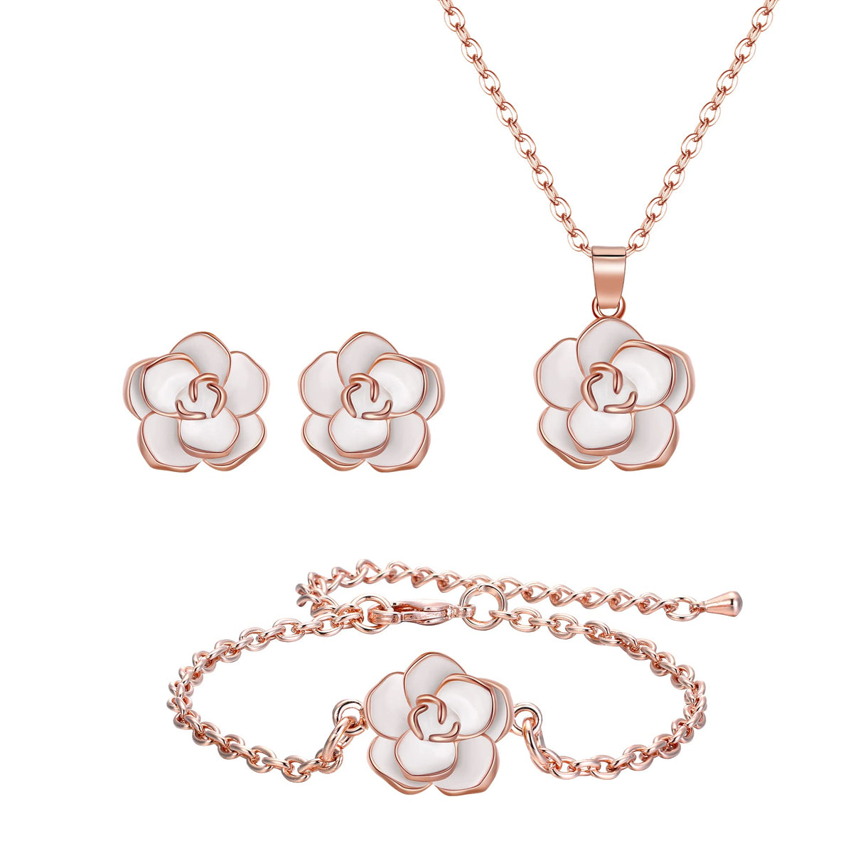 EleQueen 3Pcs Rose Flower White Rose Gold Plated Child Jewelry Set