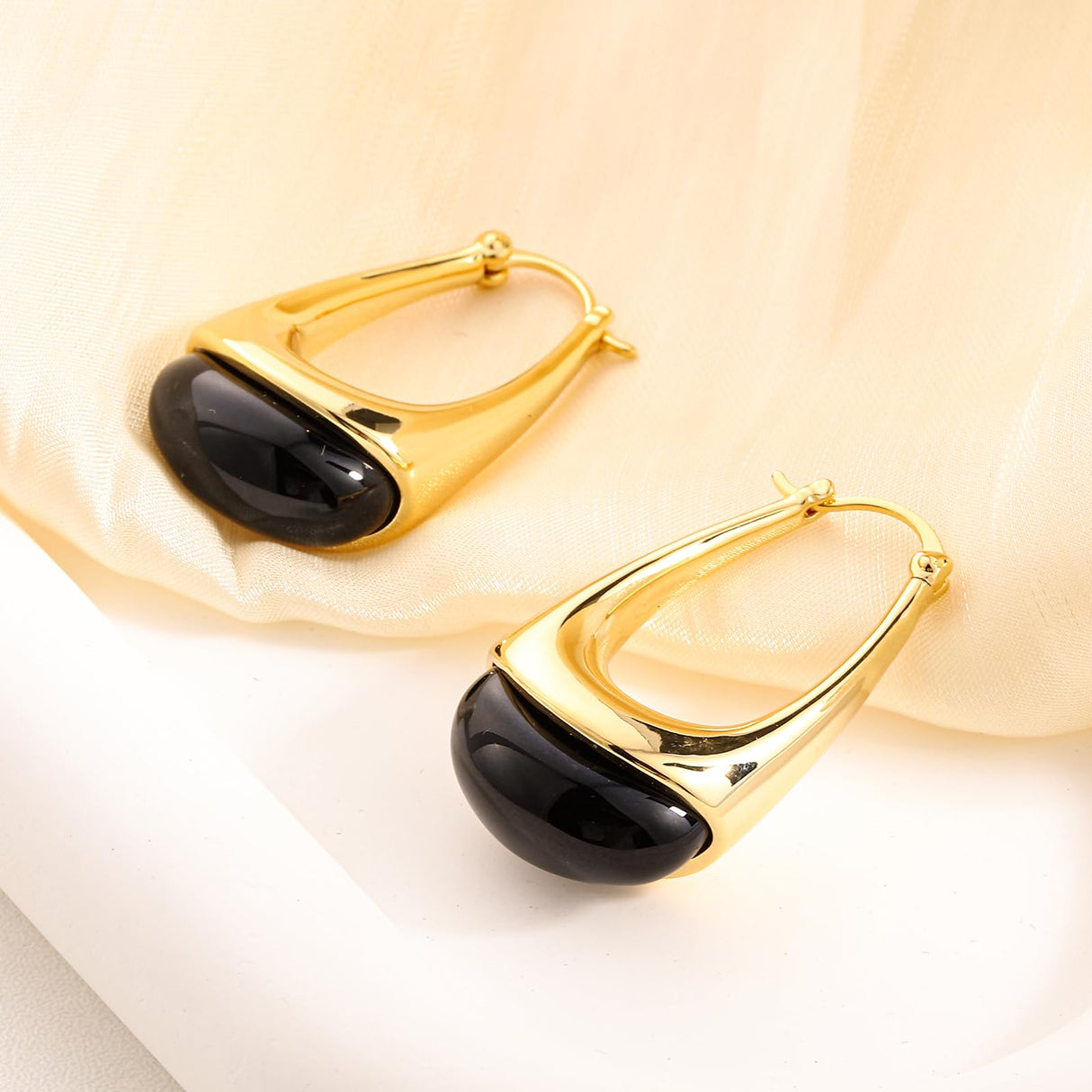 FOJDPAS 14k Gold Plated Amber Resin Hoop Earrings for Women Trendy, Hypoallergenic Chunky Gold Earrings Jewelry Gifts for Sensitive Earlobes (Gold-Ink color, Drop-Shaped)
