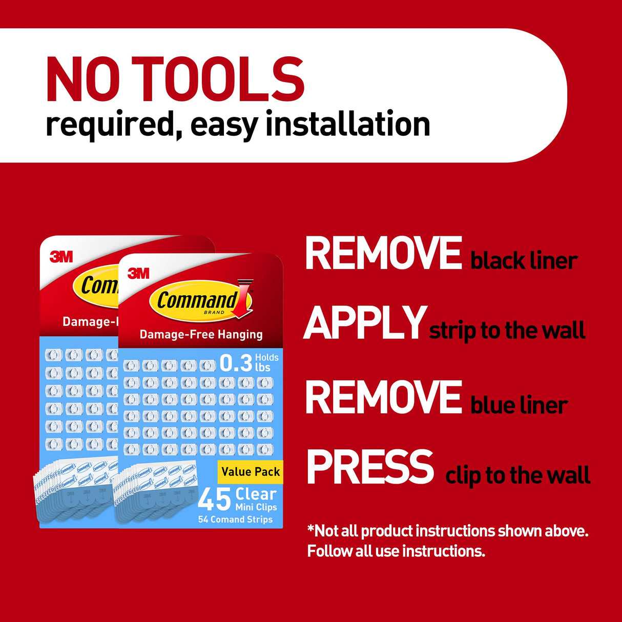Command Indoor Mini Light Clips, Damage Free Hanging Christmas Light Clips, Mini Wall Clips for Hanging Indoor Christmas Decorations, Lights and Cables, 90 Clear Clips and 108 Strips