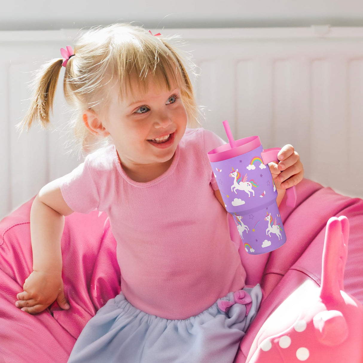 Unicorn Tumbler 20oz with Handle and Silicone Straw Lid for Kid, Insulated Stainless Steel Cup, Gift for Kids Girls, Gifts Idea for Birthday Christmas Back to School