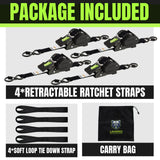 Retractable Ratchet Straps, 4-Pack, 1 Inch x 12 Feet Heavy Duty Tie Downs, 1760lb Break Strength, Self Retracting for Truck, Cargo, Trailer, Motorcycle, ATV, UTV (Black-Green, 4pack)