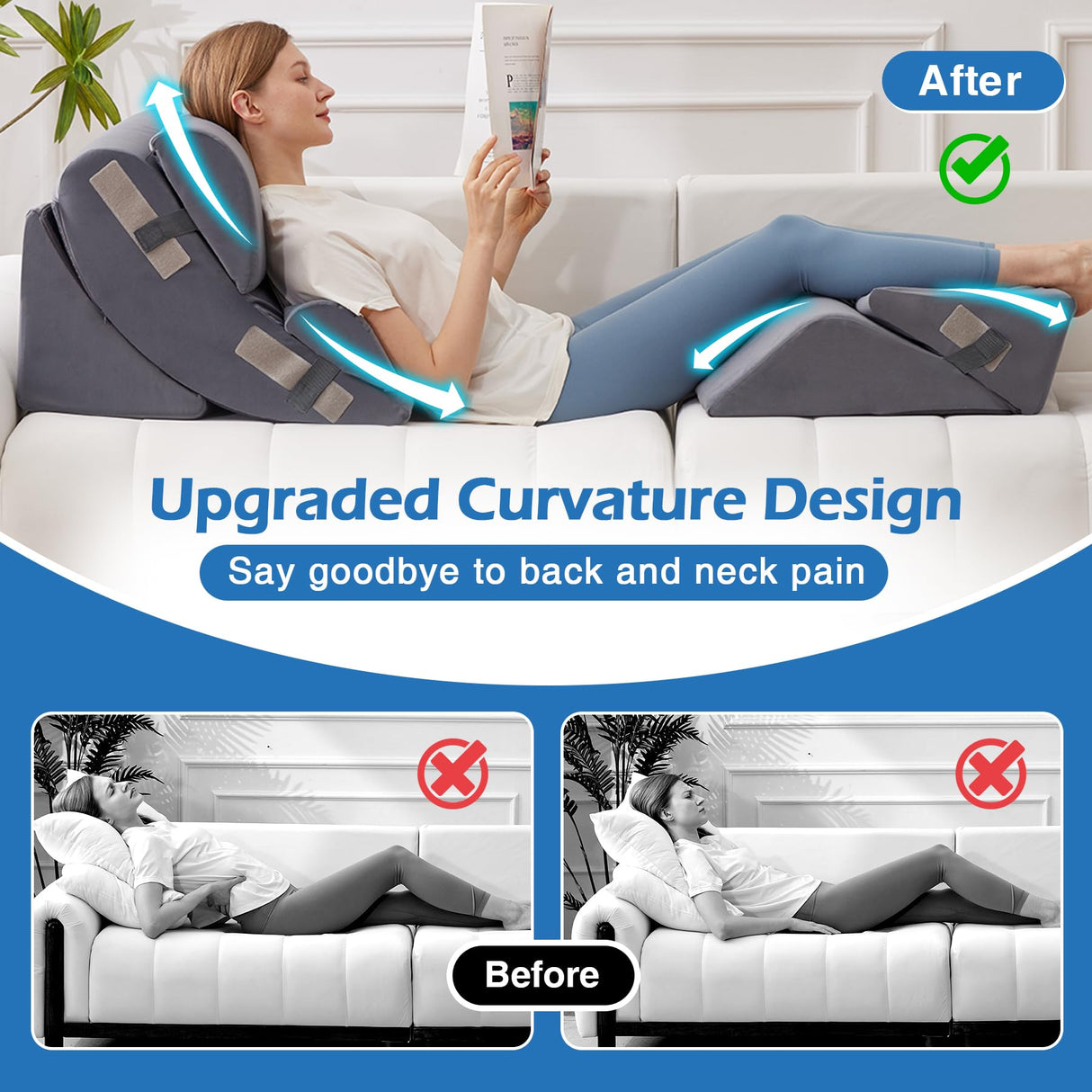 Ahpmeoa 6PCS Orthopedic Bed Wedge Pillow Set for Sitting up in Bed, Memory Foam Post Surgery Pillow for Back Pain Relief, Back Support Pillow for Acid Reflux Relief, GERD, Anti Snoring (Plush Grey)