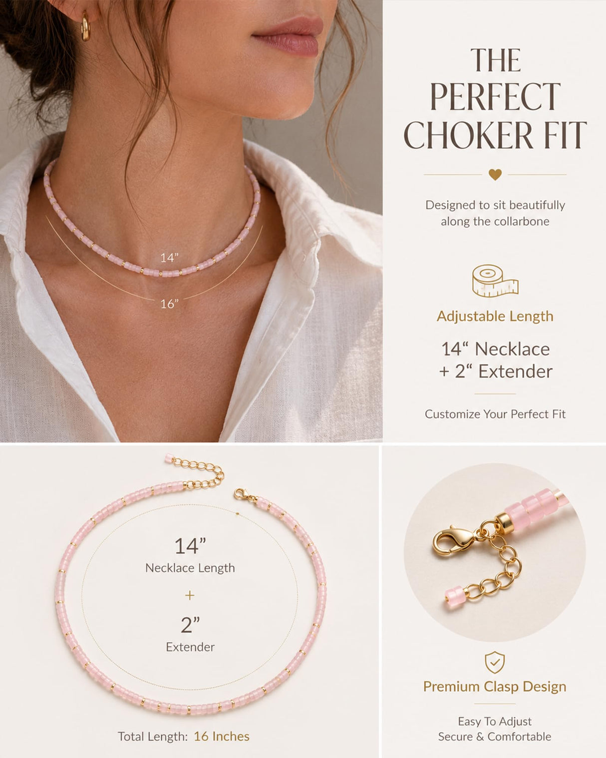 MIDDLUX Natural Rose Quartz Heishi Choker Necklace for Women, Pink Gemstone Beaded Necklace with Gold Accents, Adjustable Layered Beach Necklace, Minimalist Boho Jewelry Gift for Her