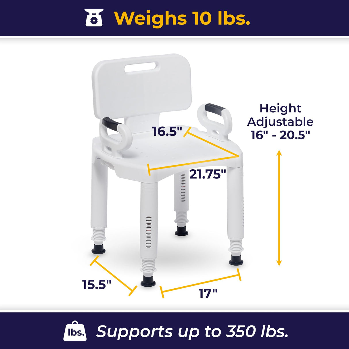 Drive Medical RTL12505 Handicap Bathroom Bench with Back and Arms, White