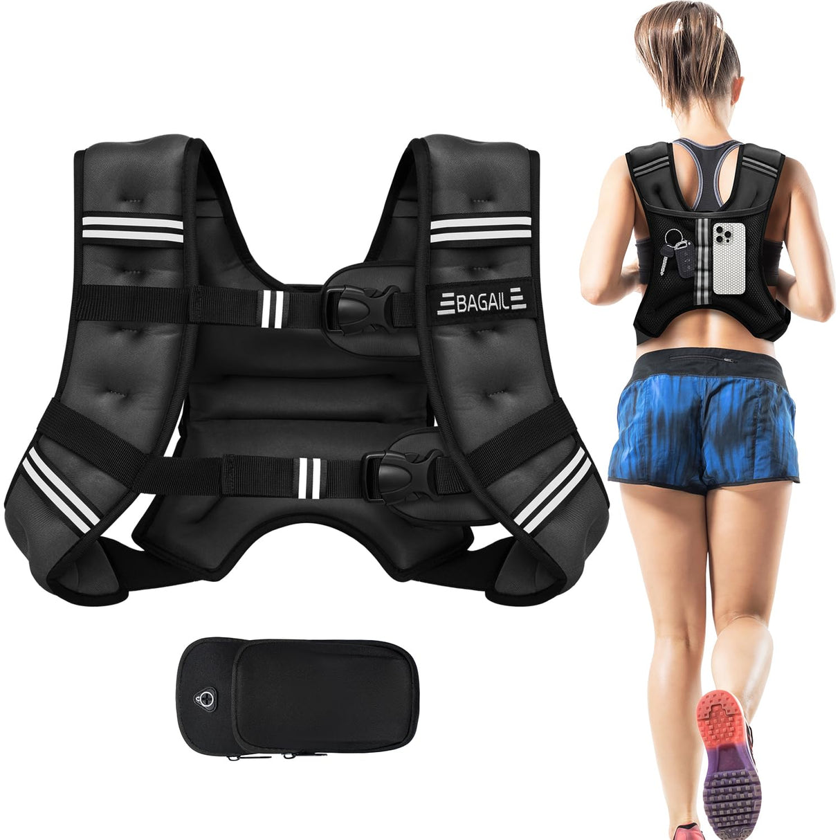 BAGAIL Weighted Vest, 5lbs/10lbs/12lbs/15lbs/20lbs/25lbs/30lbs Weight Vest with Detachable Phone Pouch, Rucking Vest for Women, Men, Walking, Weight Loss, Training, Running