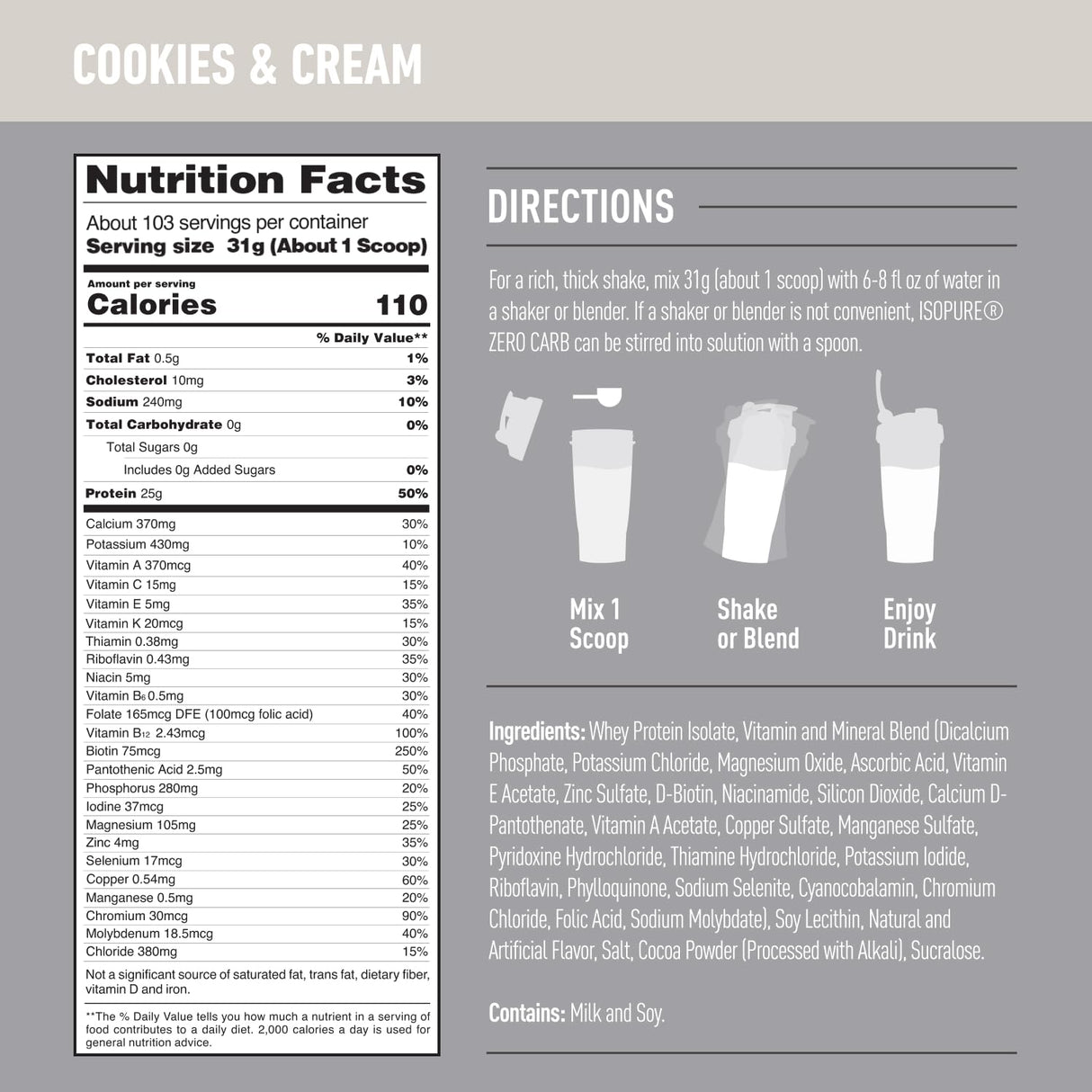 Isopure Zero Carb 100% Pure Whey Isolate Protein Powder, Lactose Free, Gluten Free, With Vitamins, Cookies & Cream, 25g Protein Per Serving, 7.5 Lbs, 110 Servings (Packaging May Vary)