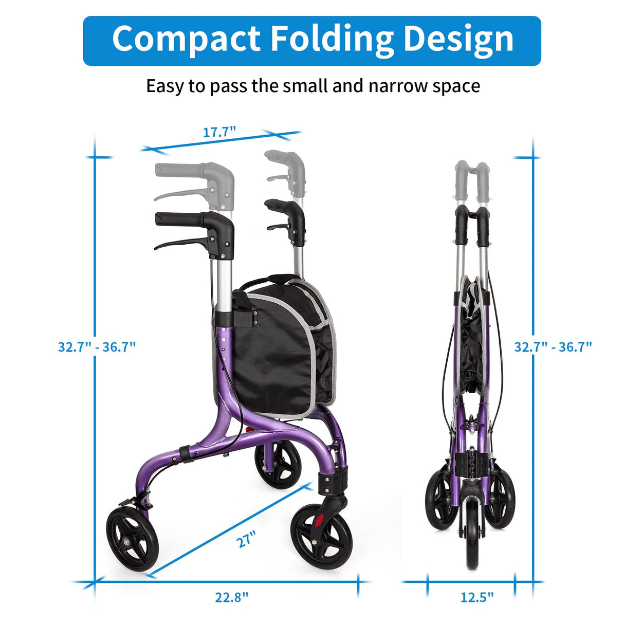 Planetwalk Premium 3 Wheel Rollator Walker for Seniors - Ultra Lightweight Foldable Walker for Elderly, Aluminum Three Wheel Mobility Aid, Dark Purple