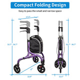 Planetwalk Premium 3 Wheel Rollator Walker for Seniors - Ultra Lightweight Foldable Walker for Elderly, Aluminum Three Wheel Mobility Aid, Dark Purple