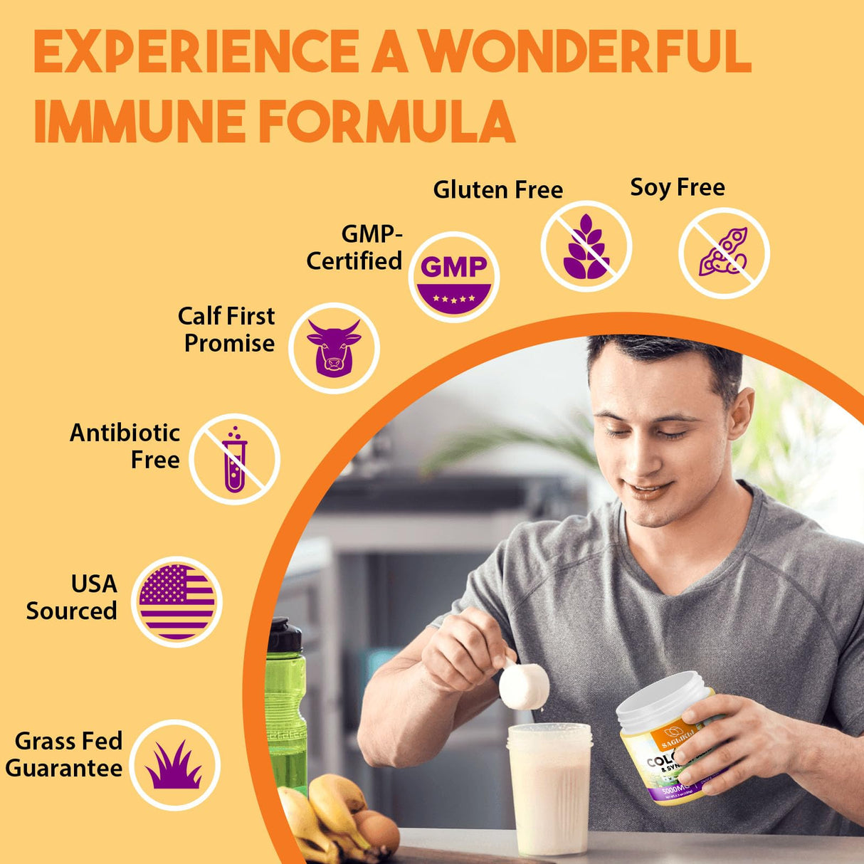 Colostrum Powder Supplement 5,000 mg, Grass-Fed Bovine Colostrum with Prebiotics, Probiotics, Lactoferrin & PRP, 30 Servings