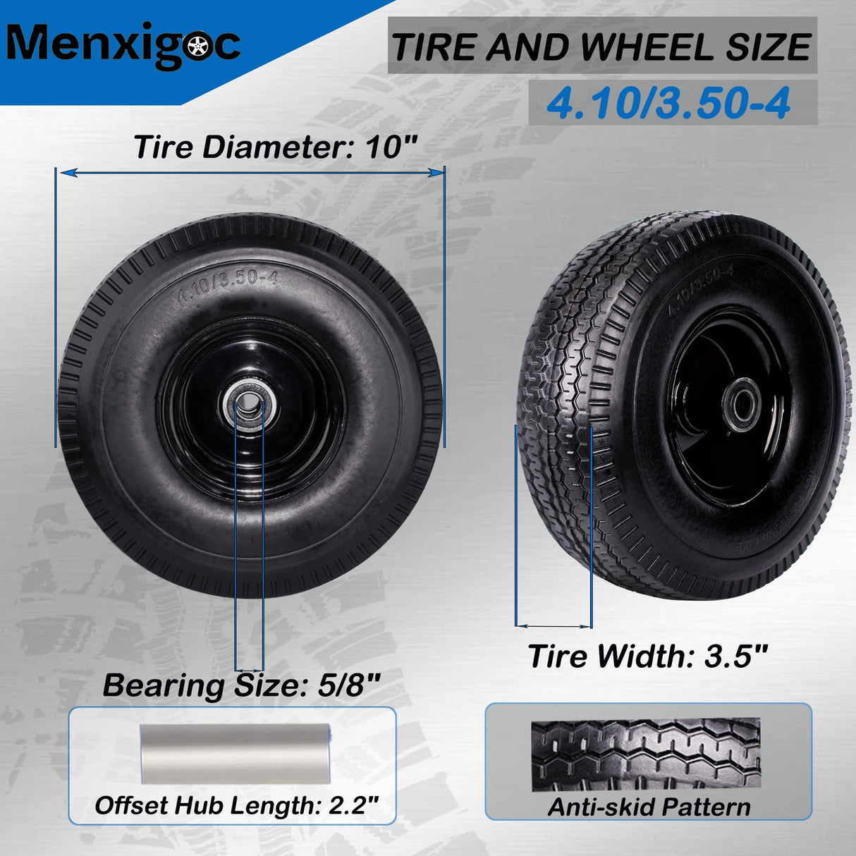 4.10/3.50-4" Tire and Wheel, 10" Solid Tire, 5/8" Bearing with 3/4" & 1/2" Extra Bearings, 4.10/3.50-4 Flat Free Wheels, 2.2" Offset Hub for Hand Truck Garden Wagon Cart Trolley Dolly - 2 Pack