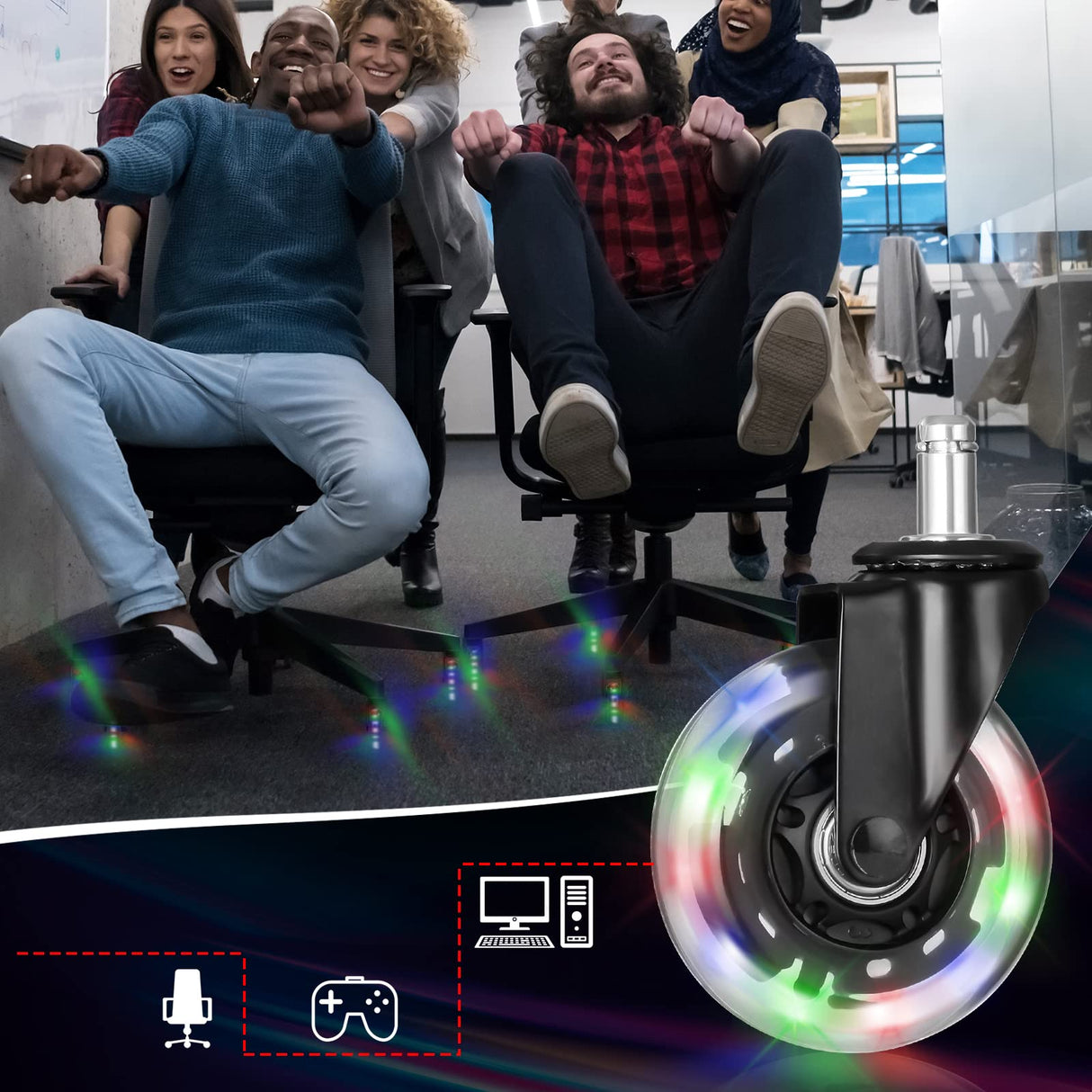 Hivexagon Office Chair Caster with RGB Color Changing Lights Set of 5 Rubber Replacement, Heavy Duty Universal Quiet Rolling Casters Fit Standard Office Chair for Hardwood Floors, Tiles and Carpet