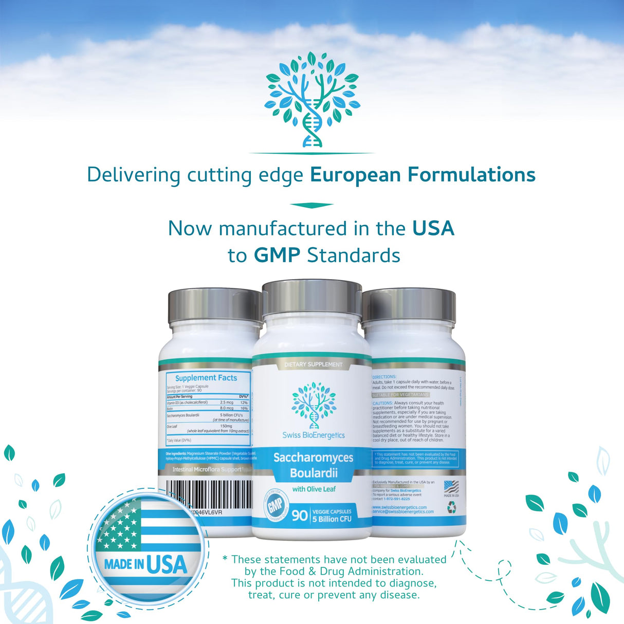 Saccharomyces Boulardii 5 Billion CFU 90 Capsules - No Refrigeration Required - High Strength Non-Colonising Yeast with synergistic Olive Leaf, Biotin and Vitamin D3