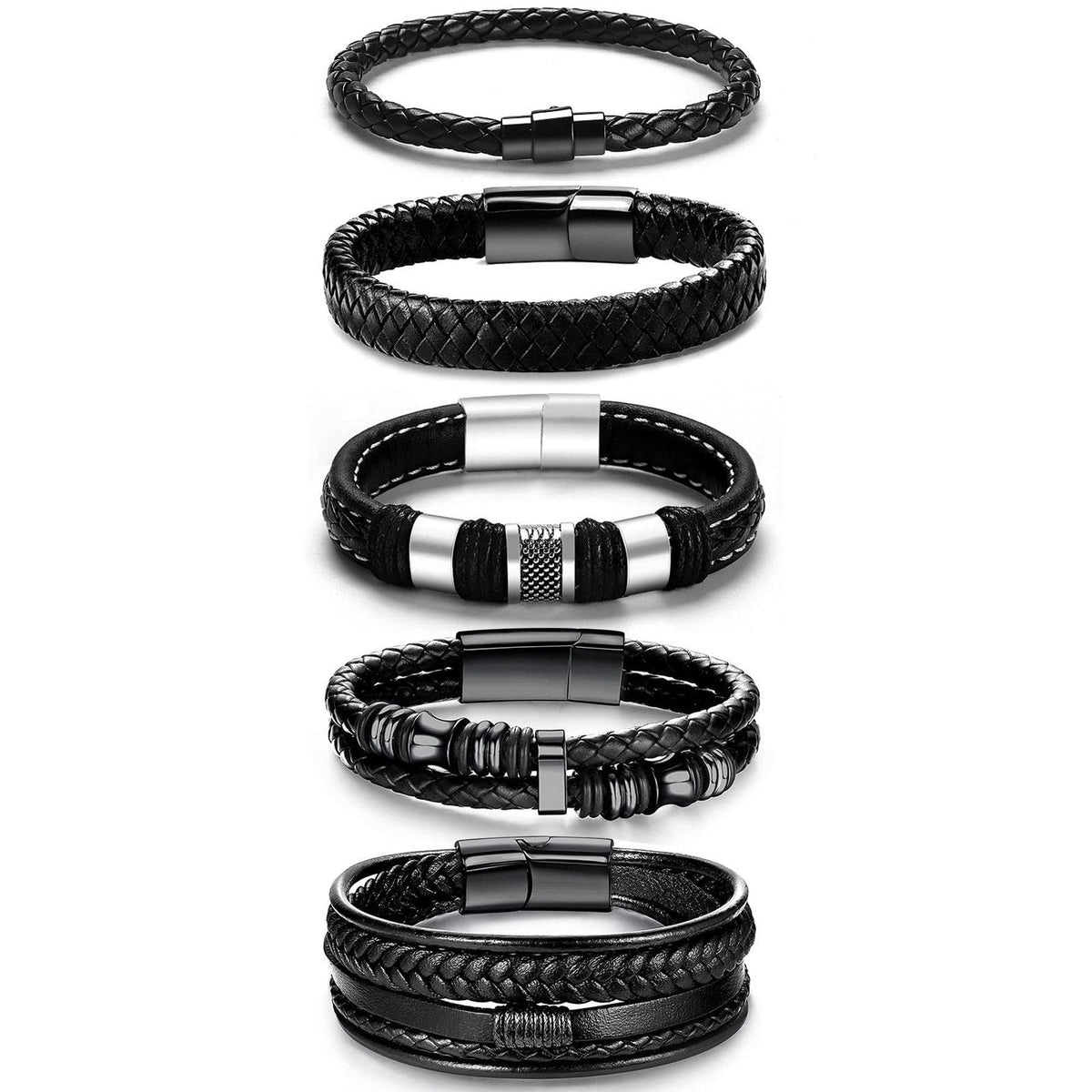 LOWNOUR Black Leather Bracelets for Men Women 5pcs Mens Bracelet Leather and Steel Braided Cuff Bracelets (A- 7.5inch)