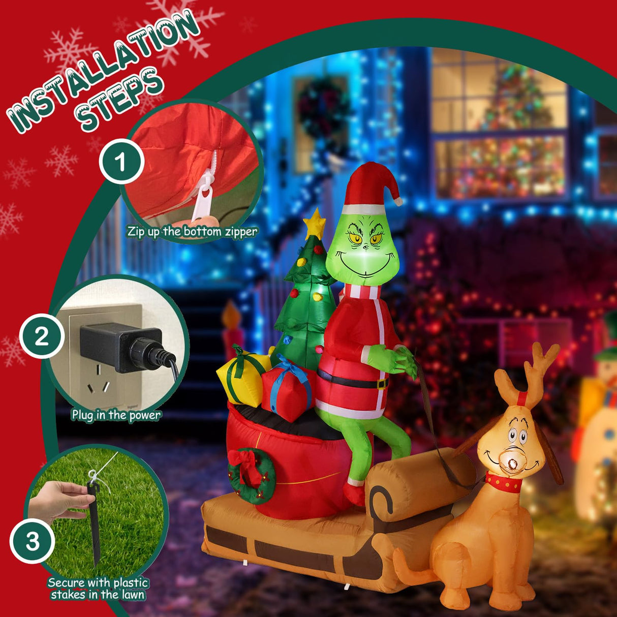 7FT Christmas Inflatable Outdoor Decoration, Green Monster and Dog Max on Sleigh with LED Lights Blow Up Yard Decorations Outdoor Lawn Garden Christmas Inflatable Decorations