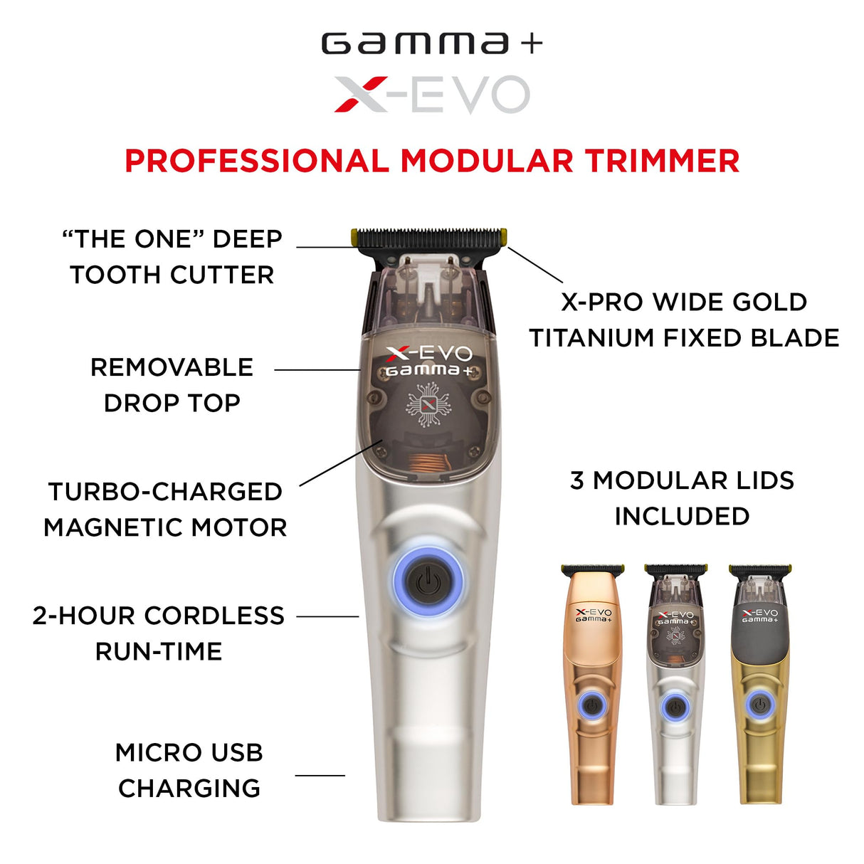 GAMMA+ X-Evo Trimmer Microchipped Magnetic Motor with Interchangeable Lids Matte Colors, Charging Stand