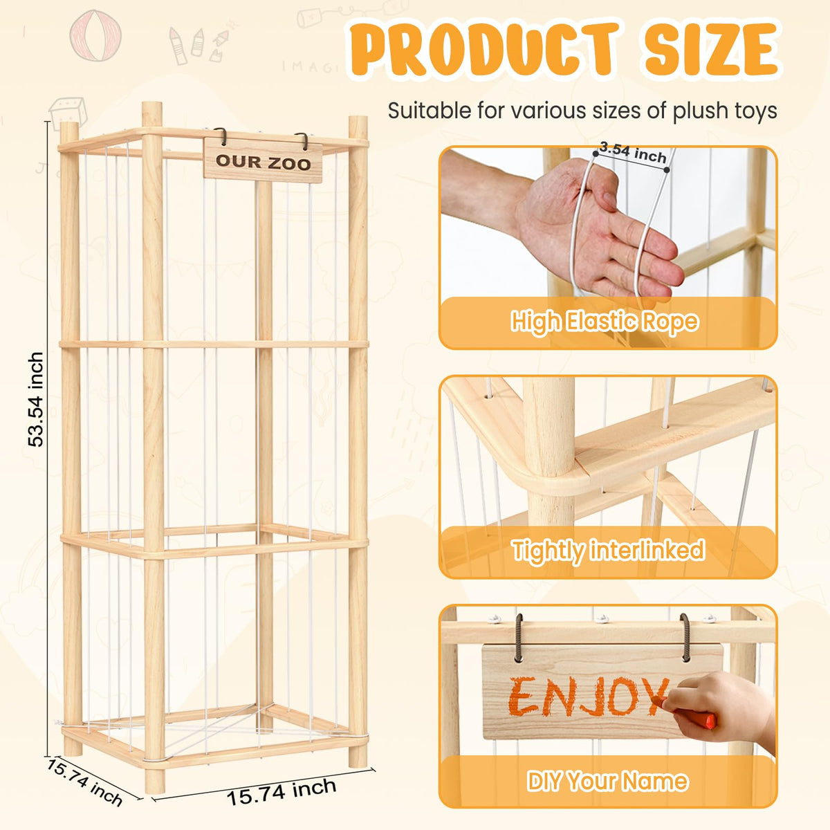 Woodure Stuffed Animal Storage & Organizer, Wooden Toy Holder Zoo for Kids