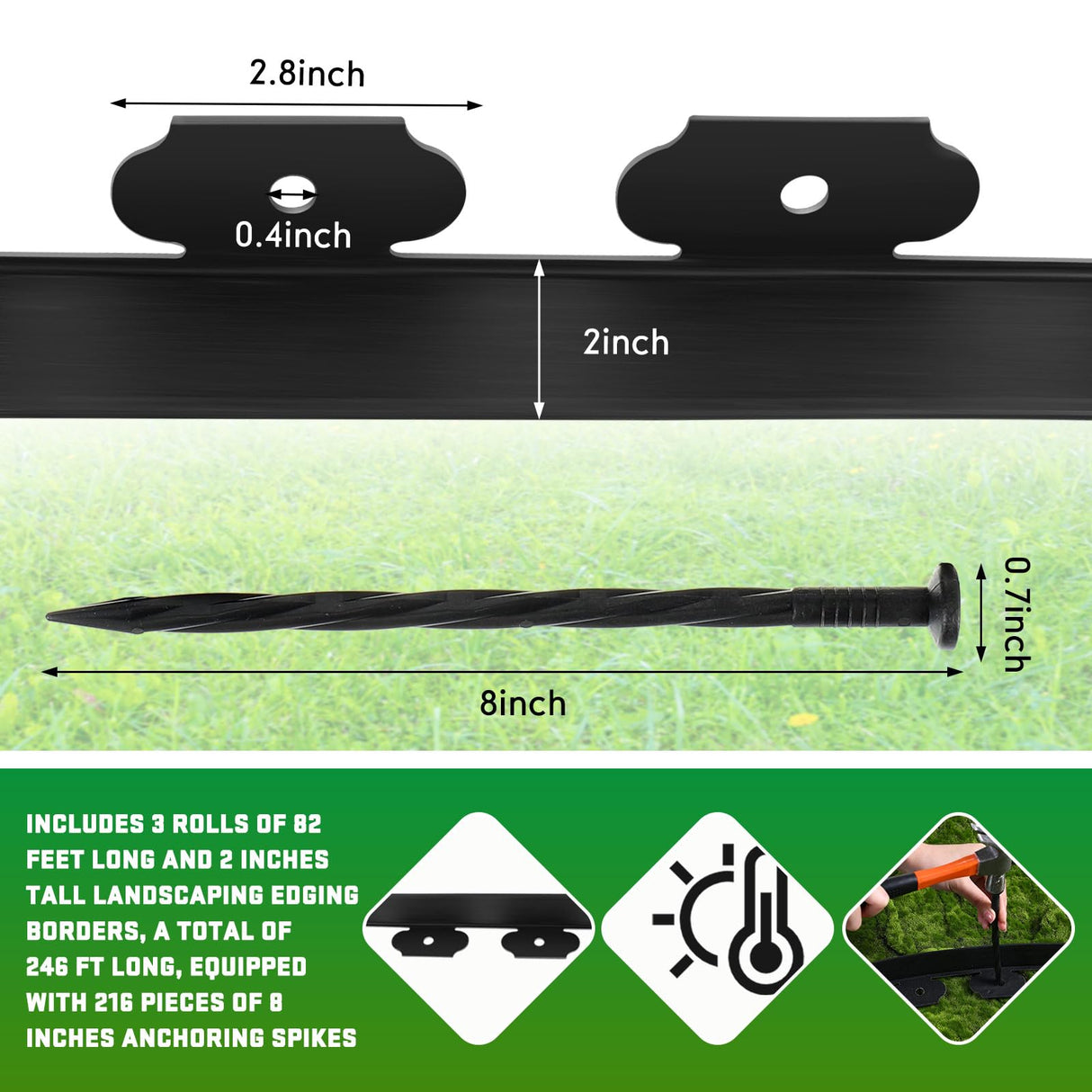 Sintuff 246 ft Garden Landscape Edging 2 Inch Tall Lawn Edging Border with 216 Anchoring Spikes Flexible Straight Top Garden Border Lawn Roll Kit(Black)