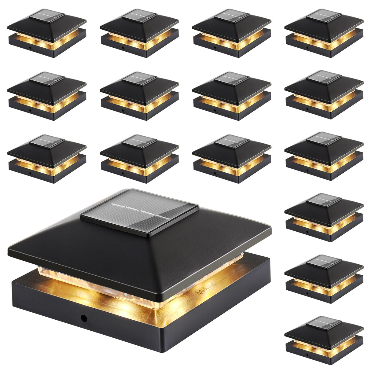 Solar Post Cap Lights Outdoor 16-Pack, Black Waterproof Solar Powered Deck Fence Lights Fit 4x4 Wood/Vinyl Posts, Bright Warm White for Patio, Porch