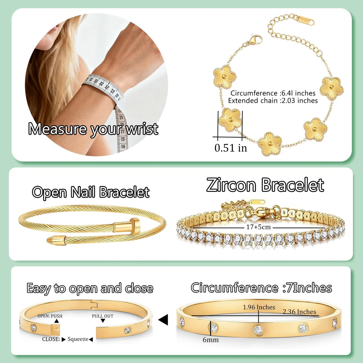 Zesnoy 18K Gold Plated Womens Stackable Floral Silver Clover Bracelets Set Love Bangle Bracelets Non Tarnish, Bracelet Set Trendy Jewelry, Gifts for Women's Day and Mother's Day