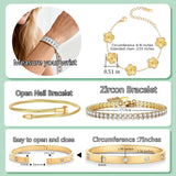 Zesnoy 18K Gold Plated Womens Stackable Floral Silver Clover Bracelets Set Love Bangle Bracelets Non Tarnish, Bracelet Set Trendy Jewelry, Gifts for Women's Day and Mother's Day