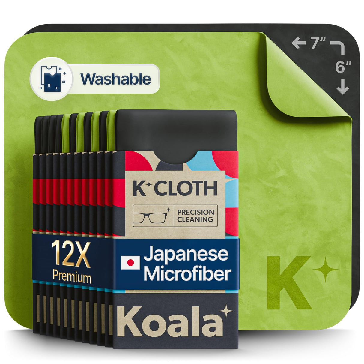 Koala Lens Cleaning Cloth | Japanese Microfiber | Glasses Cleaning Cloths | Eyeglass Lens Cleaner | Eyeglasses, Camera, VR/AR Headset, and Screen Cleaner | Black & Green (Pack of 12)