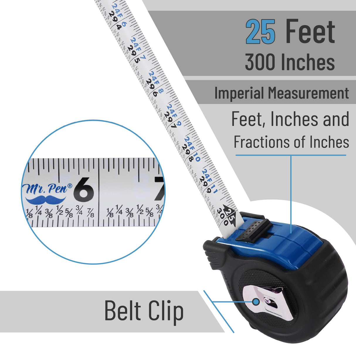Mr. Pen- Retractable Tape Measure 25 ft, 2 Pack, Dark Blue, Easy Read, Steel Retractable Measuring Tape with Fractions, Ideal for Construction & DIY Projects