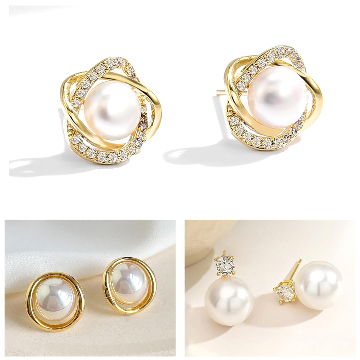 Kaibig 6 Pairs Pearl Stud Earrings for Women Gold Bar Knot Clover Cubic Zircon Stud Mixed Styles Pearl Earrings Set Perfect for Wedding Prom Party Daily Wear Elegant Jewelry for Women