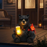 YHSOLAR Solar Black Bear Statue for Garden with Beer and Cardinals 6.3" Resin Garden Statues for Outside Yard Paito Porch Decor Birthday Gardening Gifts for Women Mother Sister Grandmother Wife