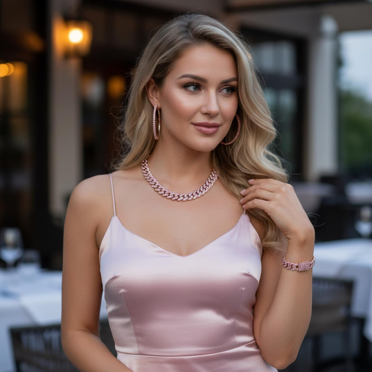 Batiyeer 3pcs Cuban Link Necklace Bracelet Set Women,18 Inch;Rose Gold Pink