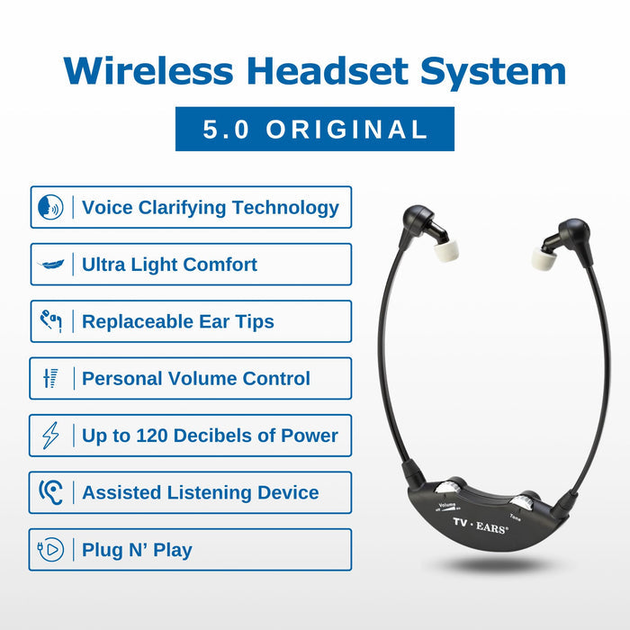 TV EARS Analog Wireless Headset System, Wireless Headset, Ideal for Seniors & those with Hearing Difficulties, Plug N' Play RF Transmitter with Earbuds, Compatible with Analog TV - 5.0GHz
