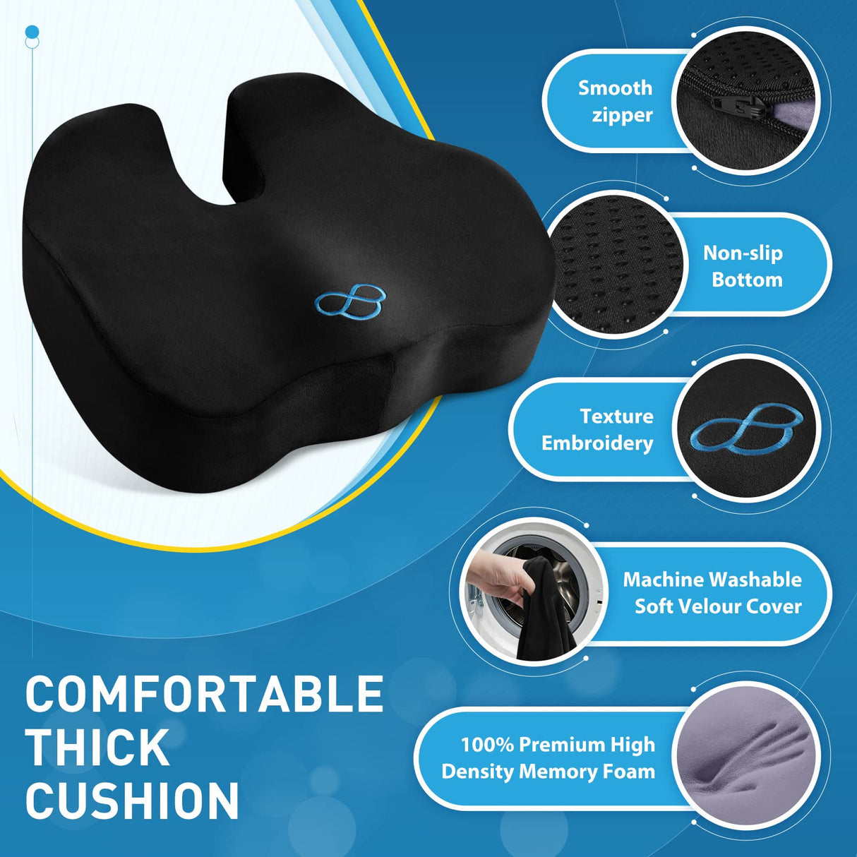 BlissTrends Seat Cushion,5.2in Thick Memory Foam Cushions for Office Chair, Car Seat, Airplane, Relieving Pressure Tailbone Sciatica Back Pain for Long Sitting Office Workers, Car Drivers Black
