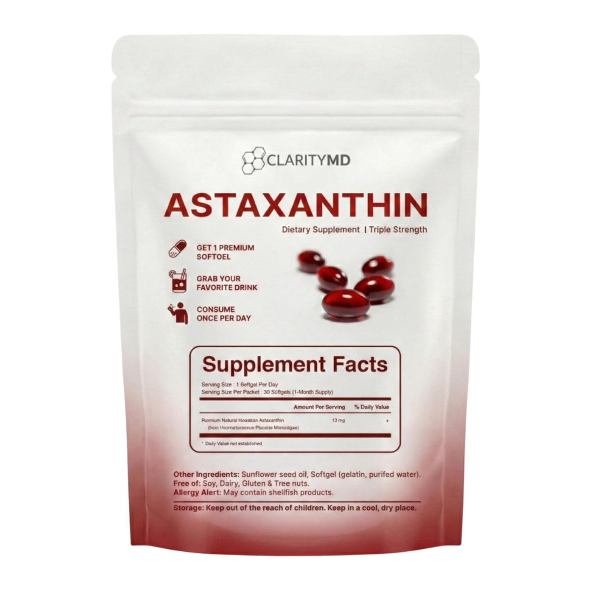 ClarityMD Astaxanthin 12mg Antioxidants Supplement – Natural Microalgae Source – Lipid-Based Softgel for Enhanced Absorption – Cognitive, Vision & Joint Support – 30 Softgels (Pack of 1)