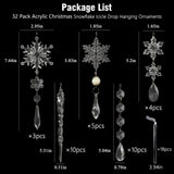Christmas Tree Decoration Crystal Ornaments - 32pcs Acrylic Christmas Ornaments Snowflake Icicle Drop Crystal Hanging Ornaments for Xmas Tree Winter Holiday Frozen Party Decorations