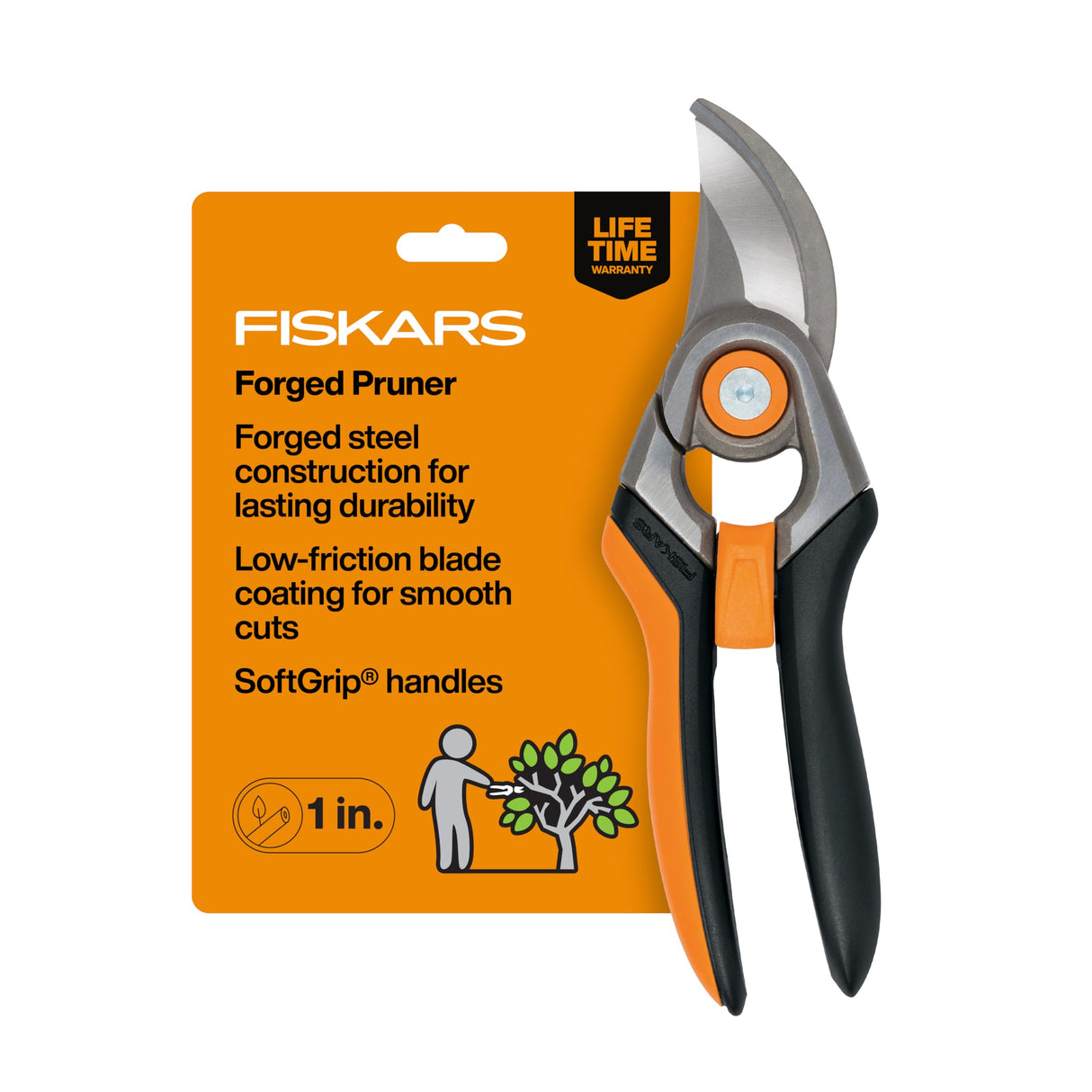 Fiskars Bypass Pruning Shears, 1" Cut Capacity Gardening Scissors, Forged Steel Replaceable Blade, SoftGrip Handle Garden Clippers, Rust Resistant Low Friction Coating for Branches & Stems