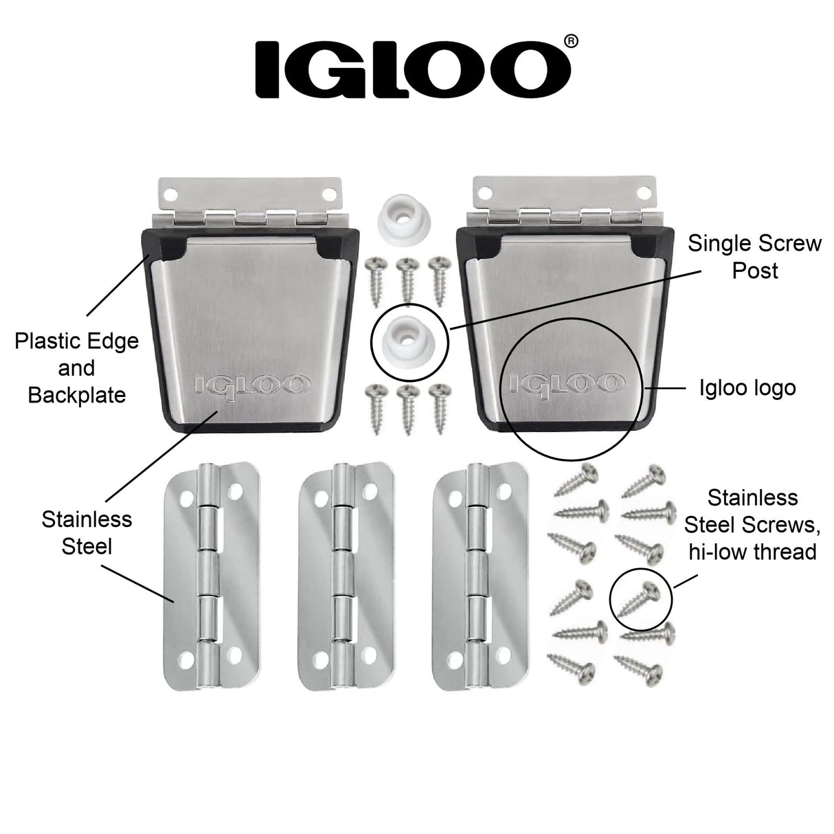Igloo Cooler Heavy-Duty Stainless Steel Parts Kit - 2 Latches, 3 Hinges, Latch Posts & Screws - Marine-Grade, Corrosion-Resistant Parts