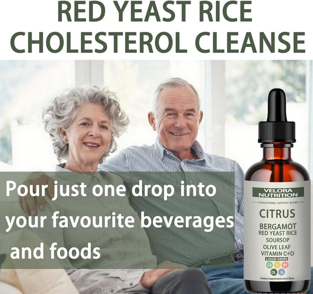 velora Red Yeast Rice Cholesterol Cleans Drops with Citrus, Bergamot, Red Yeast Rice, Soursop, Olive Leaf, Vitamin C+D, Natural, Non-GMO, Vegan 2 fl oz (1pc)