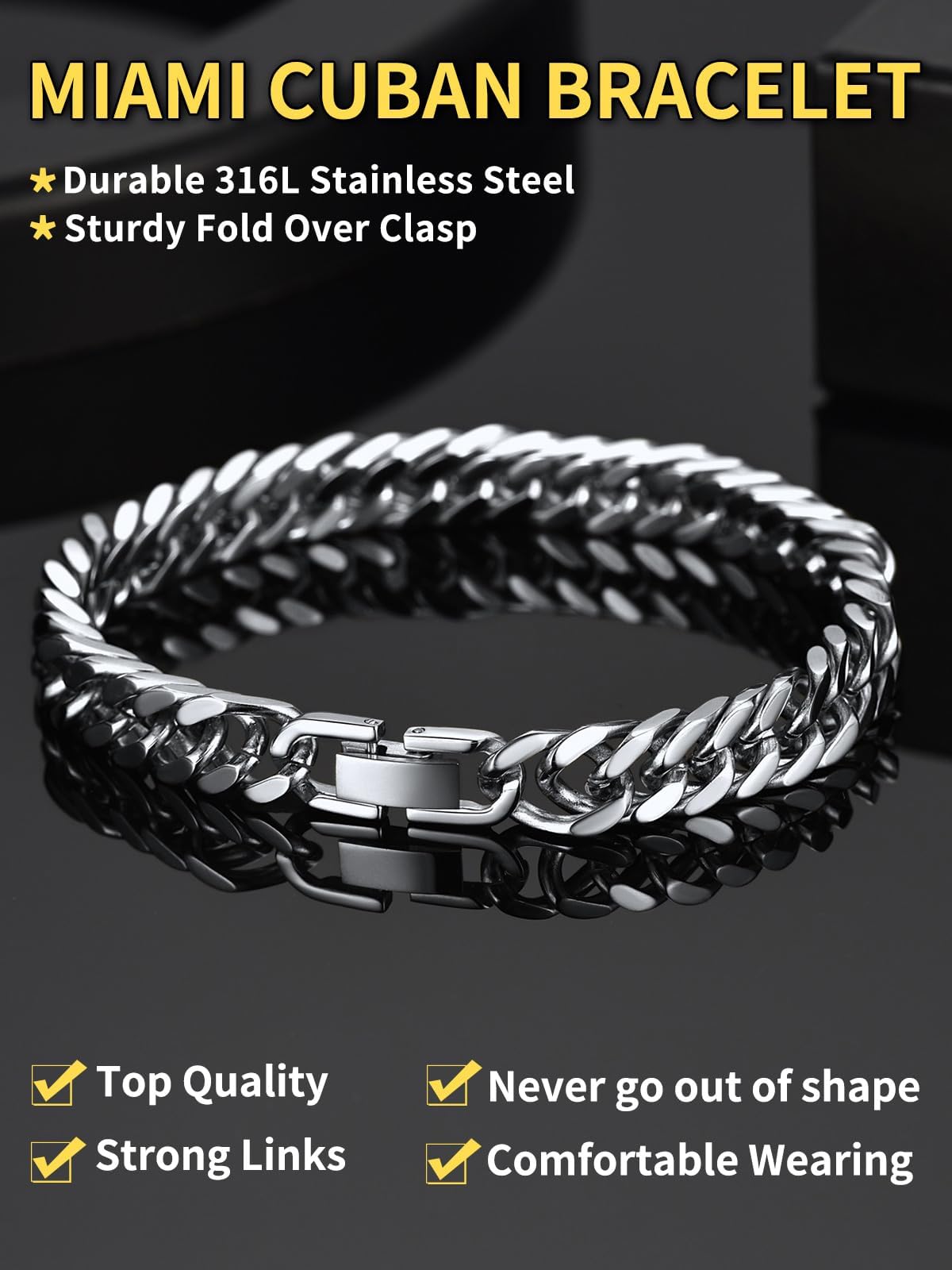 ChainsHouse Mens Cuban Bracelet Chain 316L Stainless Steel Punk Double Curb Bracelet 8mm 21cm
