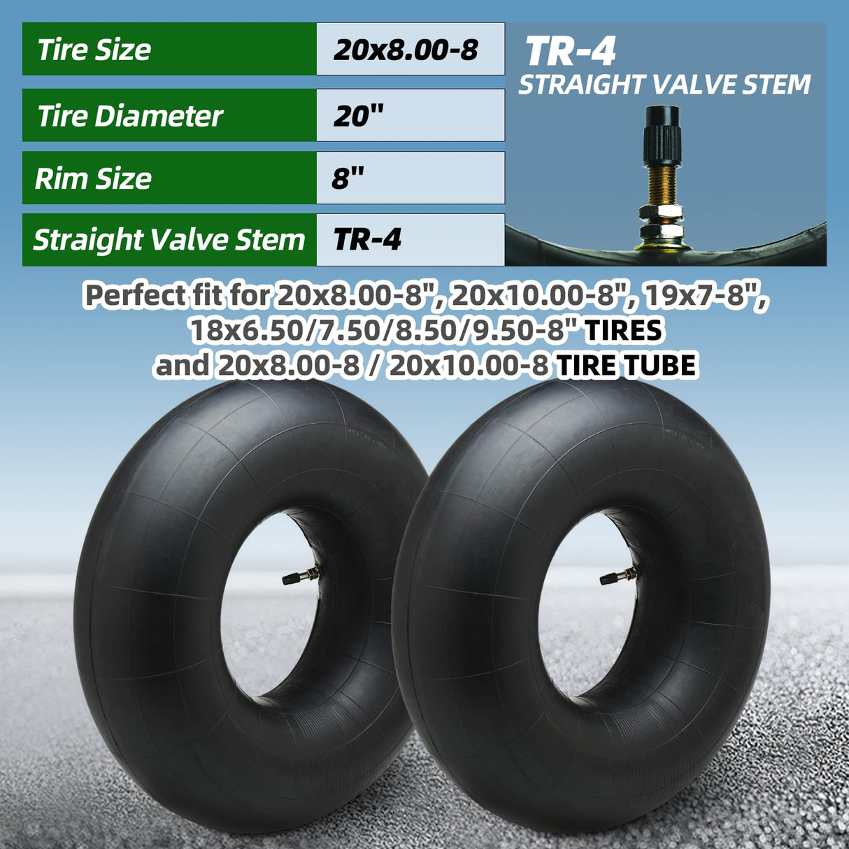AR-PRO (2 Packs 20x8.00-8, 20x8-8, 20x10.00-8, 20x10-8 Inner Tube Replacement with TR-4 Straight Valve Stem for Mower/Tractor/Golf Cart/Garden Trailer and More