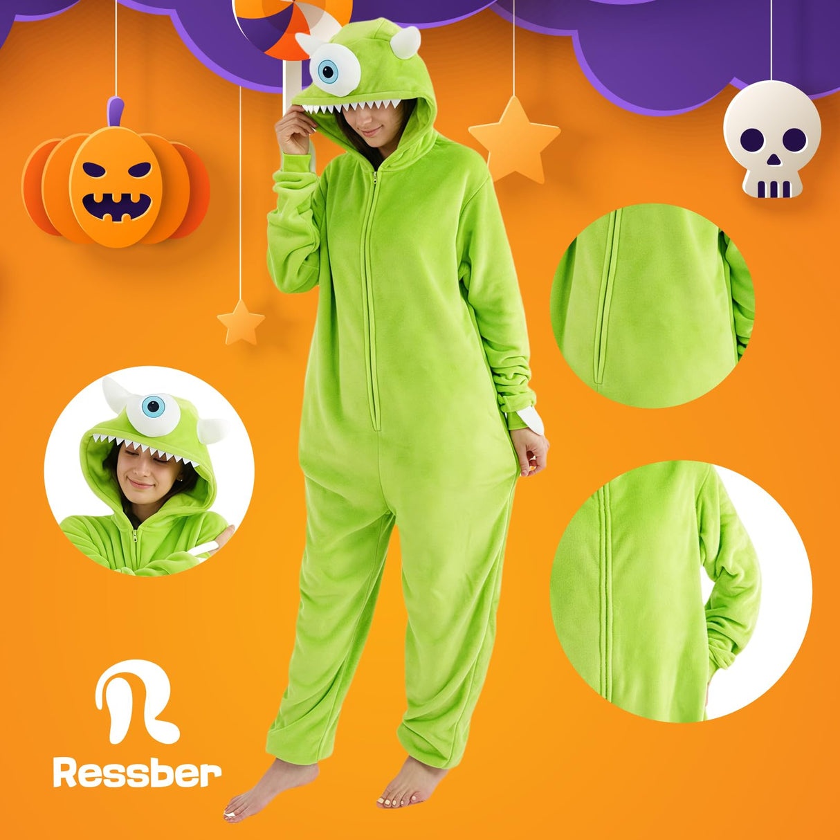 ressber Unisex Adult Onesie Pajamas Animal One Piece Halloween Costume Christmas Sleepwear Jumpsuit (US, Alpha, Small, Regular, Regular, Mike Wazowski)